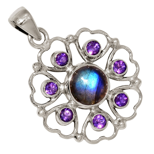Natural Labradorite - Madagascar & Amethyst 925 Silver Pendant ALLP-27404