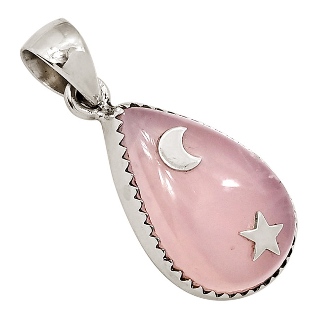 Moon & Star - Natural Rose Quartz - Madagascar 925 Silver Pendant ALLP-27688
