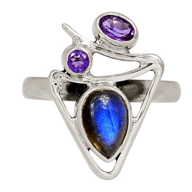 Natural Labradorite - Madagascar & Amethyst 925 Silver Ring s.8 ALLR-28876