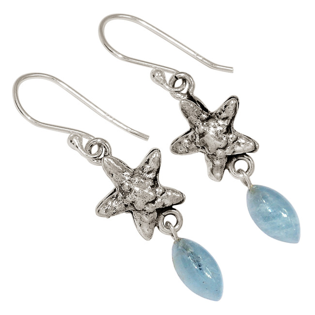 Starfish - Natural Aquamarine - Brazil 925 Silver Earrings Jewelry ALLE-17619