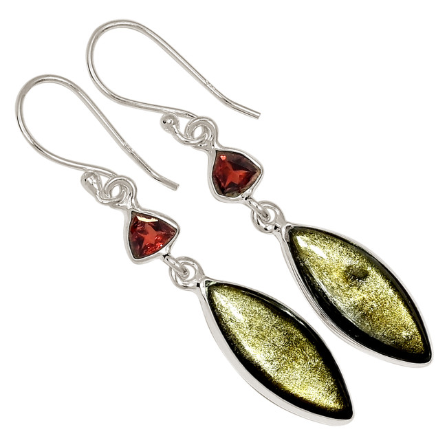 Natural Silver Sheen Obsidian & Garnet 925 Silver Earrings Jewelry ALLE-17944