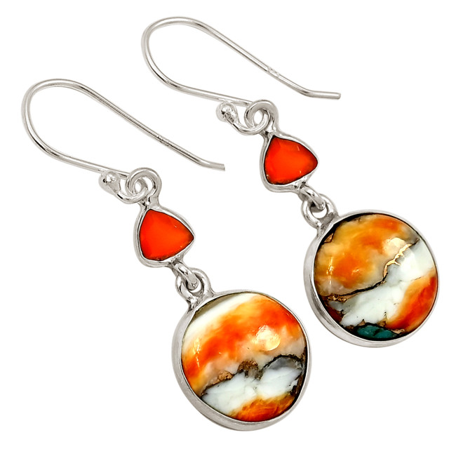 Spiny Oyster & Arizona Turquoise & Carnelian 925 Silver Earrings ALLE-17870