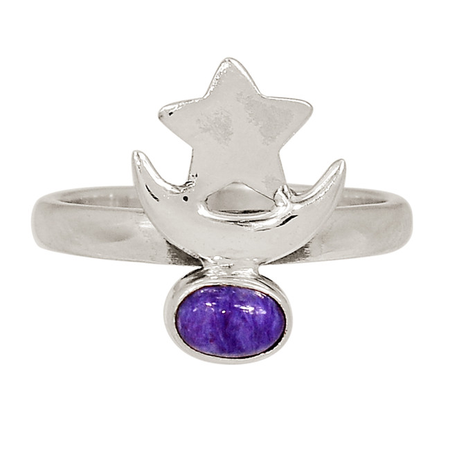Moon & Star - Natural Siberian Charoite 925 Silver Ring Jewelry s.8 ALLR-29374