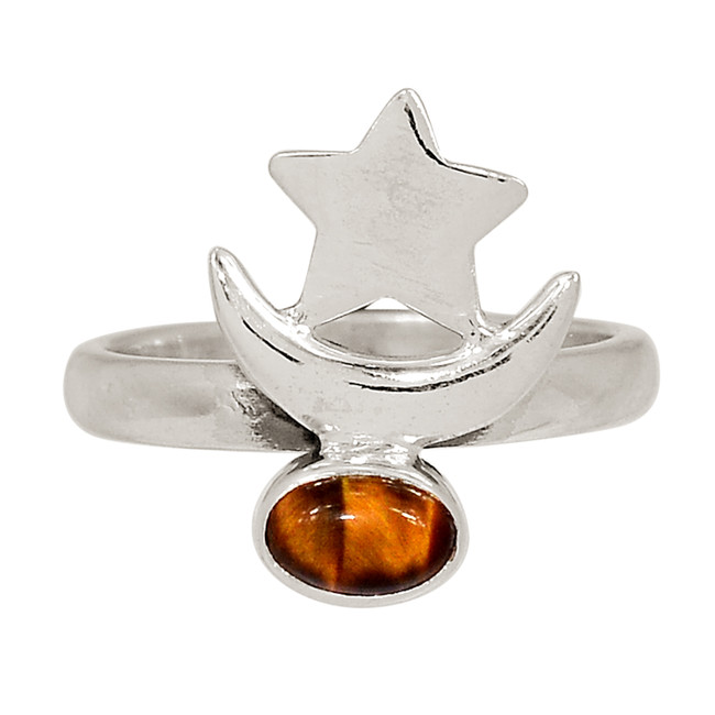 Moon & Star - Natural Tiger Eye - South Africa 925 Silver Ring s.6 ALLR-29376