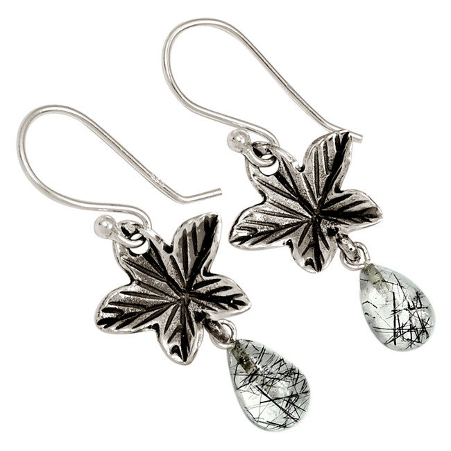 Natural Tourmalated Quartz/Black Rutile 925 Silver Earrings Jewelry ALLE-17927