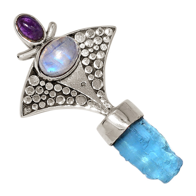 Natural Neon Blue Apatite, Moonstone & Amethyst 925 Silver Pendant ALLP-27236