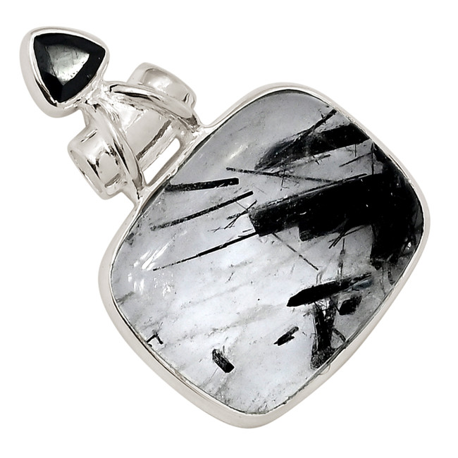 Natural Tourmalated Quartz & Black Onyx 925 Silver Pendant ALLP-27669