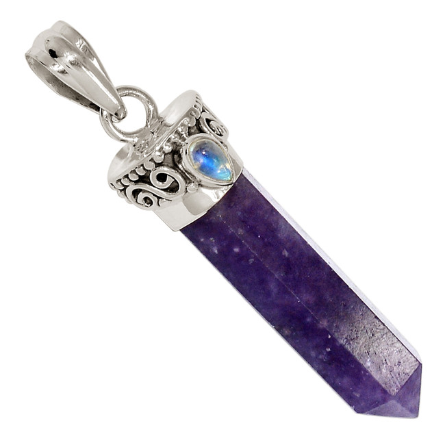 Natural Purple Lepidolite Worry Stone & Moonstone 925 Silver Pendant ALLP-27894