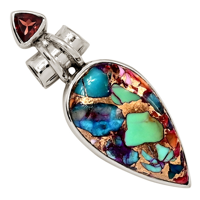 Composite Kingman Pink Dahlia Turquoise & Garnet 925 Silver Pendant ALLP-27733