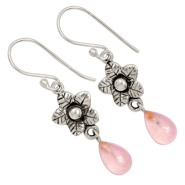 Flower - Natural Rose Quartz - Madagascar 925 Silver Earrings Jewelry ALLE-17711