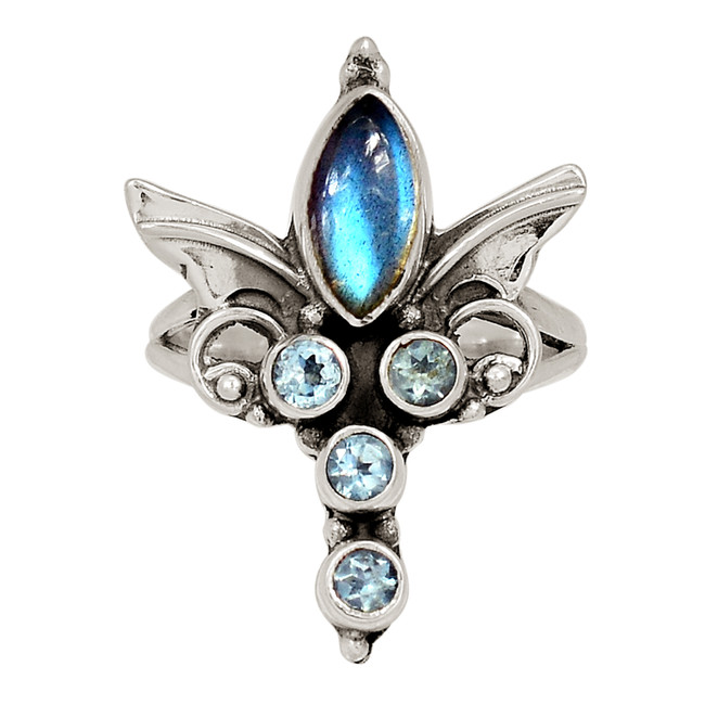 Angel Wings - Natural Labradorite & Blue Topaz 925 Silver Ring s.8 ALLR-28873