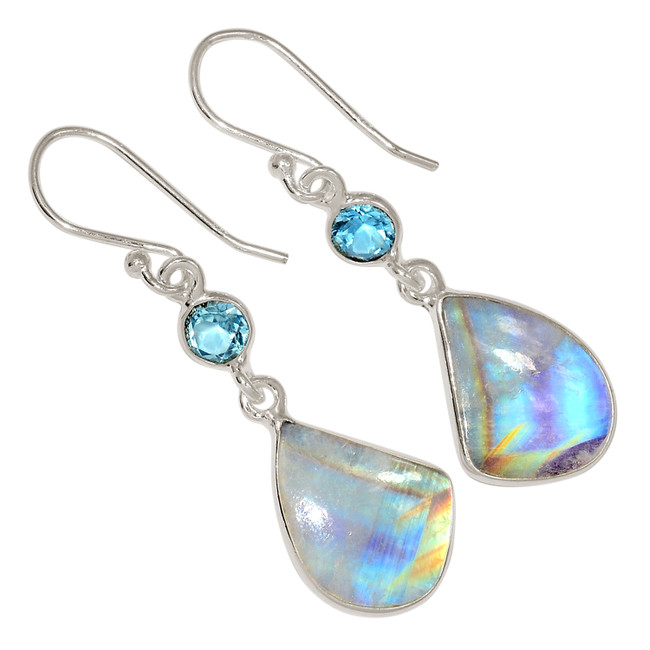 Natural Rainbow Moonstone - India & Blue Topaz 925 Silver Earrings ALLE-18127
