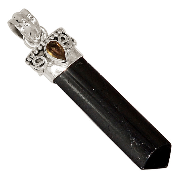 Natural Black Tourmaline Point & Smokey Quartz 925 Silver Pendant ALLP-27895