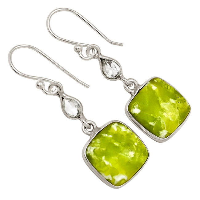 Natural Lizardite Serpentine & White Topaz 925 Silver Earrings ALLE-18034