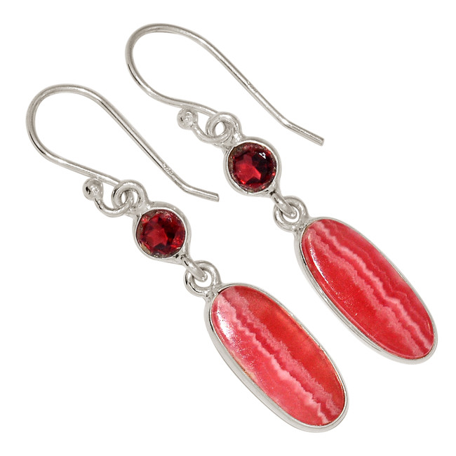 Natural Rhodochrosite - Argentina & Garnet 925 Silver Earrings ALLE-17468