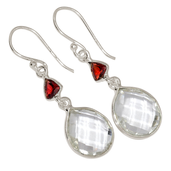 Natural Crystal Quartz - Brazil & Garnet 925 Silver Earrings Jewelry ALLE-17478