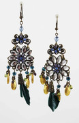 Blue Flower Chandelier Earrings with Golden Nuggets & Green Feather Drops