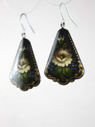 Russian Hand-Painted Black Earrings with White Flowers