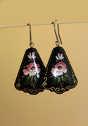 Russian Hand-Painted Black Earrings with Pink Flowers