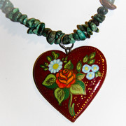 "Gem Heart" Hand-Painted Russian Heart Pendant on a Green Jasper Semi-Precious Stone Necklace