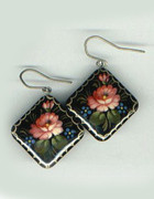 Square Russian Hand-Painted Pink Flower Wooden Earrings