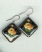 Square Russian Hand-Painted Yellow Flower Wooden Earrings