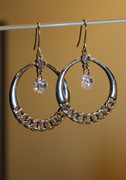 Silver Tone Chain Hoop Earrings with Crystal Drop