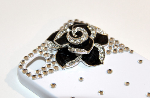 White iPhone 4 4S Cell Phone Case with Black Rose Flower