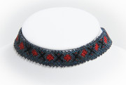 Blue Beaded Choker Necklace Red Accents and Hematite Trim