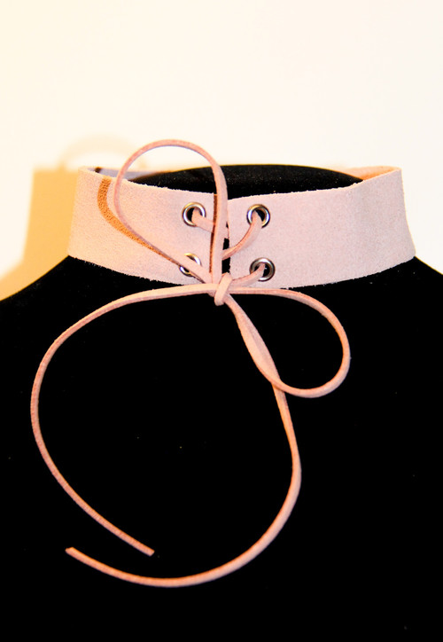 Dusty Pink Suede Choker Necklace with Corset Ties 