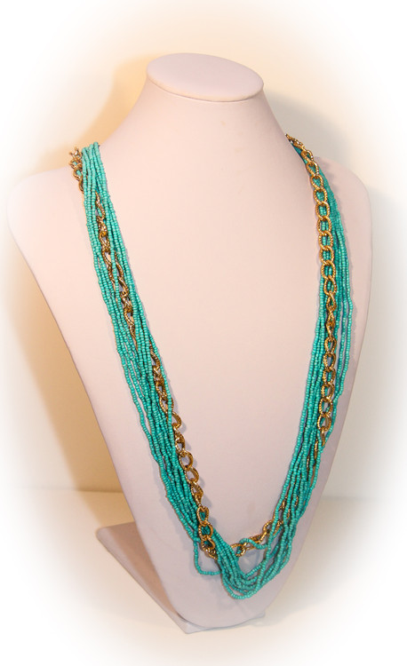 Turquoise Green Long Beaded Necklace with Golden Chain Accent 