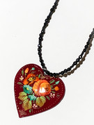 "Orange Rose with Red & Blue Flowers" Red Heart Hand-Painted Russian Necklace