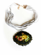 Black Hand-Painted Flower Pendant on a Gray Multi Row Suede Choker Necklace