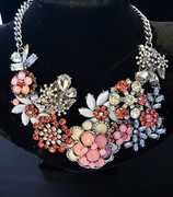 Exquisite Rhinestone Flower Statement Necklace in Pale Blue, Pastel Pink and Opal White