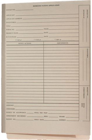 front cover of shelf-filing manila patent/trademark folders with end tab, no fasteners