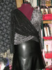 Here you can see the the Velvet Burnout Double Cross Over Blouse with one of our A-Line Leather Skirts