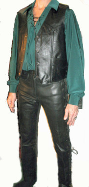 Extra Long Pirate Shirt in Forest Green Peachskin with Fancy Cuff Buttons and Black Lace-up V-Neck. Vest and Pants sold separately.