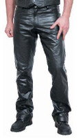 Black leather classic jeans style pants with zipper. Available in sizes 28, 29, 30, 31, 32, 33, 34, 35, 36, 37, 38, 40, 42, 44, 46, 48, 50 and 52 inch waist. 