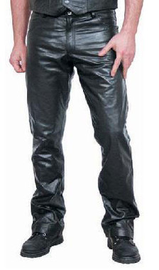 Black leather classic jeans style pants with zipper. Available in sizes 28, 29, 30, 31, 32, 33, 34, 35, 36, 37, 38, 40, 42, 44, 46, 48, 50 and 52 inch waist. 