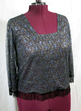 Samco Wear Bolero Blouse in Lined Sheer Fabric with Blue Spiders on a Web, with Hand Sewn beaded Fringe.. quantity limited