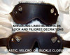 Top: Fancy Lock Charm on Regular Blindfold, the "Andrea" Blindfold with our Flourish Decorations