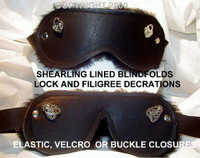 Top: Fancy Lock Charm on Regular Blindfold, the "Andrea" Blindfold with our Flourish Decorations