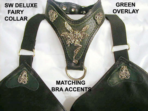 Fancy Fairy Collar with Flourishes and a Special order Green "Ostrich" overlay, with Our matching Bra with Flourishes and Green Pleather on Black Pleather ( hand wash)