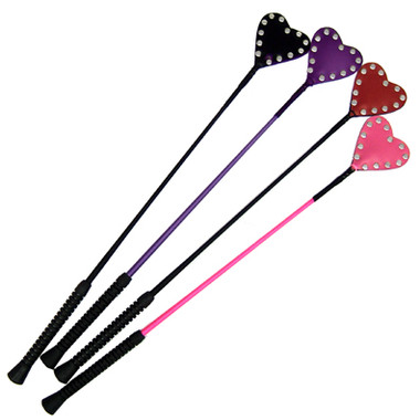  26" Studded Heart Riding Crop, 4 Colors: Black, Pink, Red, Purple