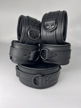 Genuine Leather Padded  Collar, Wrist and Ankle Cuffs. Available in Black/Black 