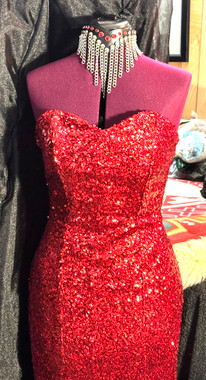 SceneWear Strapless Sequined Evening Gown with matching Waterfall Collar with Red Jewels. Striking!  Other Colors available.
