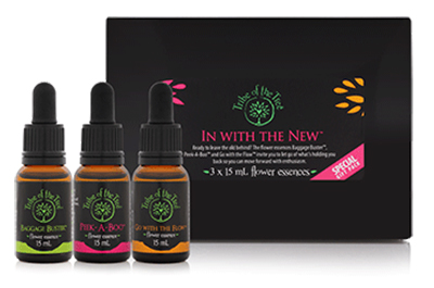 In with the New Flower Essence Kit, comprised of the flower remedies Baggage Buster, Peek-A-Boo and Go with the Flow