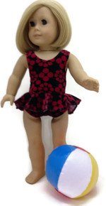 Ruffled Swimsuit & Beach Ball-Black with Red Flowers 