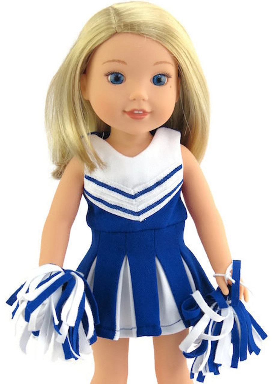 Blue & White Cheerleader Dress with Panties & Pom Poms for Wellie Wishers  Dolls - Dori's Doll Boutique