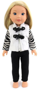 White Quilted Vest, Striped Top, & Black Leggings for Wellie Wishers Dolls 